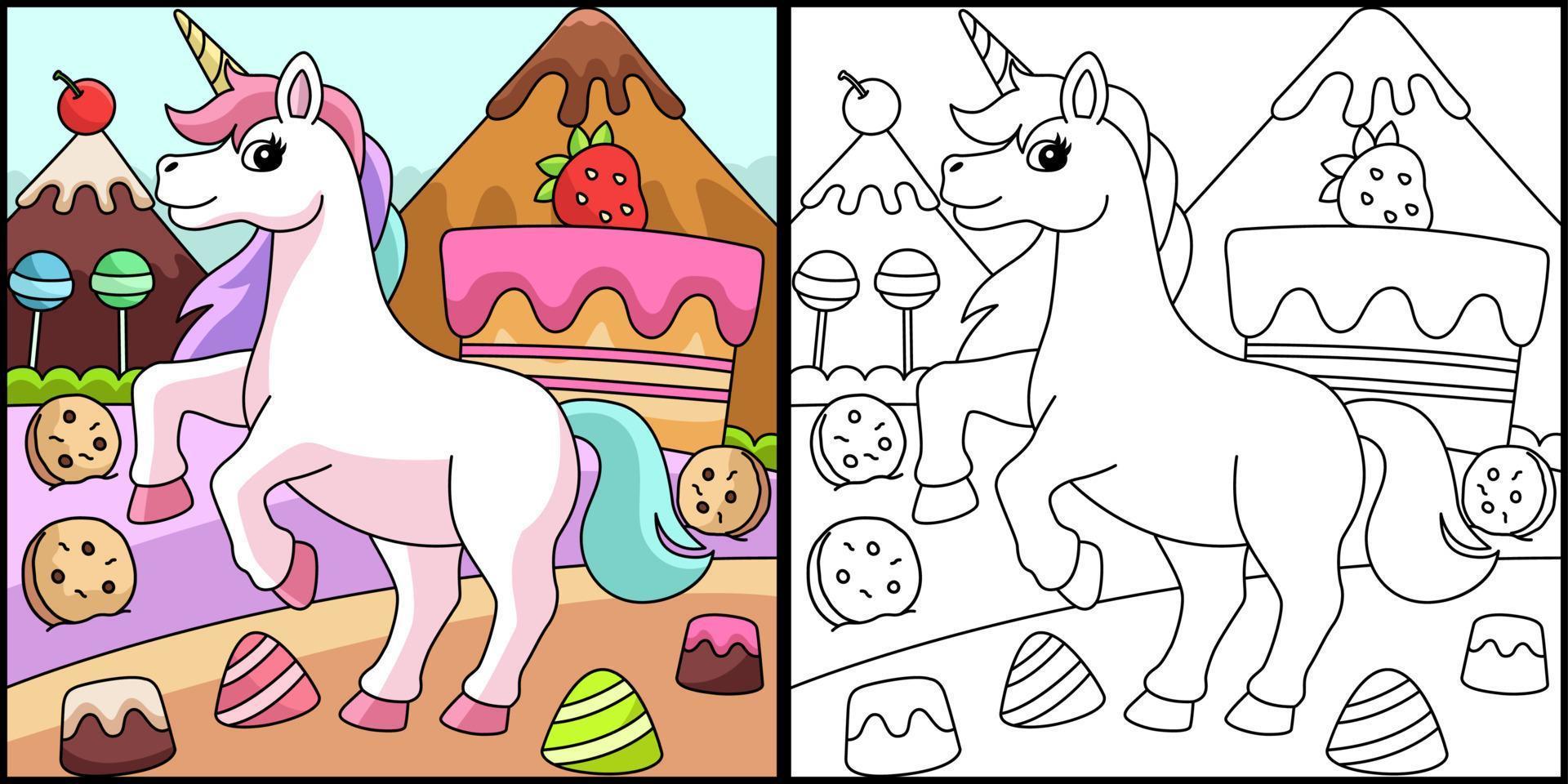 coloriage de licorne au pays des bonbons coloré vecteur