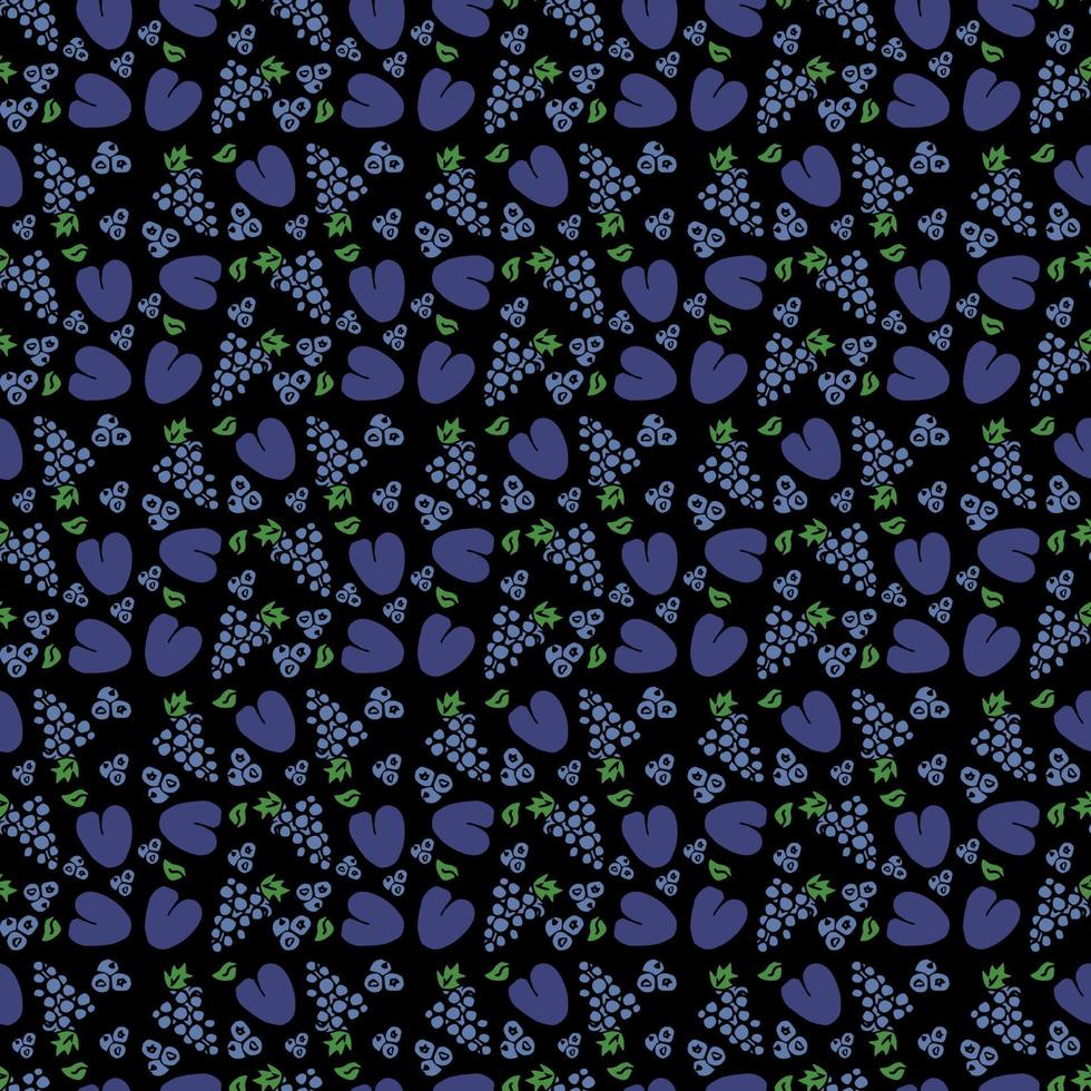 raisin et prune sur fond noir. icônes vectorielles de nourriture. motif transparent coloré avec des icônes de fruits bleus. vecteur