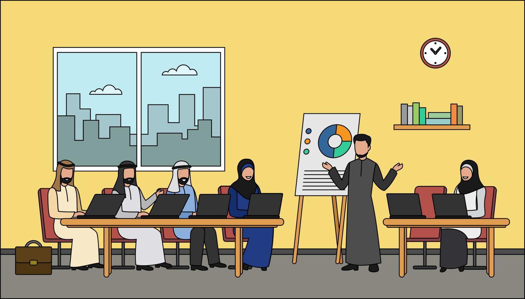 illustration vectorielle de caractères d'affaires arabes - discussion d'affaires vecteur