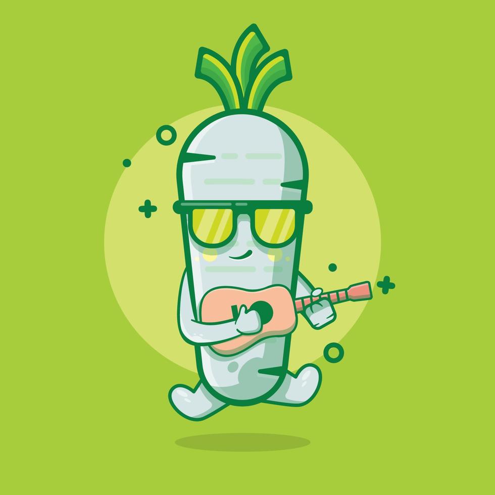 mascotte de personnage de radis blanc cool jouant de la guitare dessin animé isolé dans un style plat. excellente ressource pour icône, symbole, logo, autocollant, bannière. vecteur