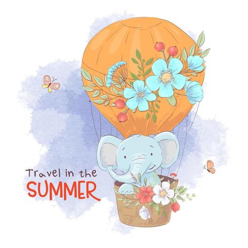 Éléphant de dessin animé mignon dans un ballon avec des fleurs vecteur