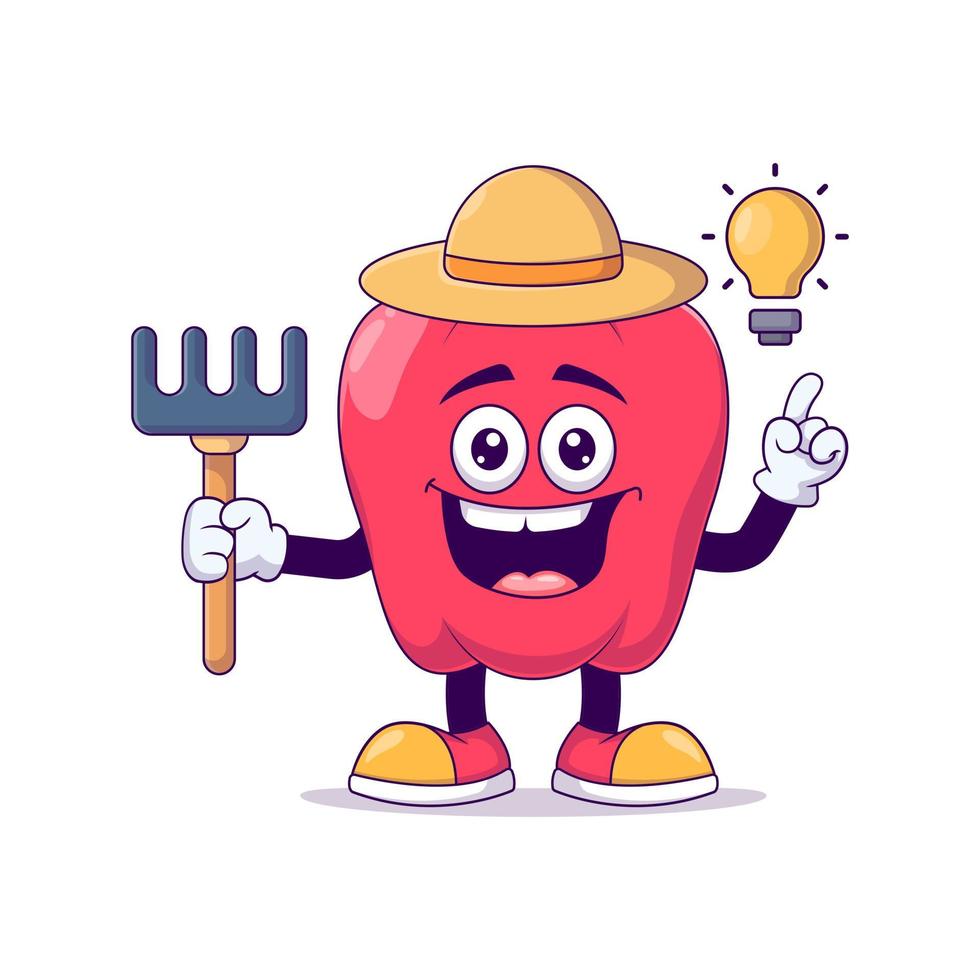 personnage de mascotte de dessin animé de poivron rouge fermier vecteur