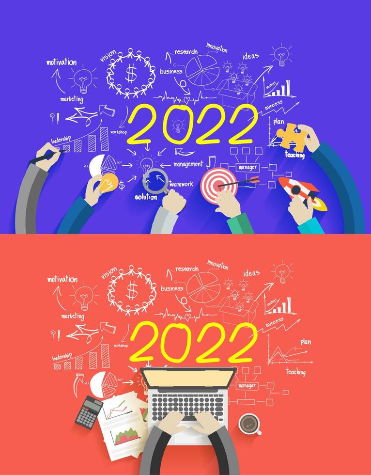 succès commercial 2022 nouvel an dessin créatif tableaux et graphiques analyse et planification, conseil, travail d'équipe, gestion de projet, remue-méninges, recherche et développement vecteur