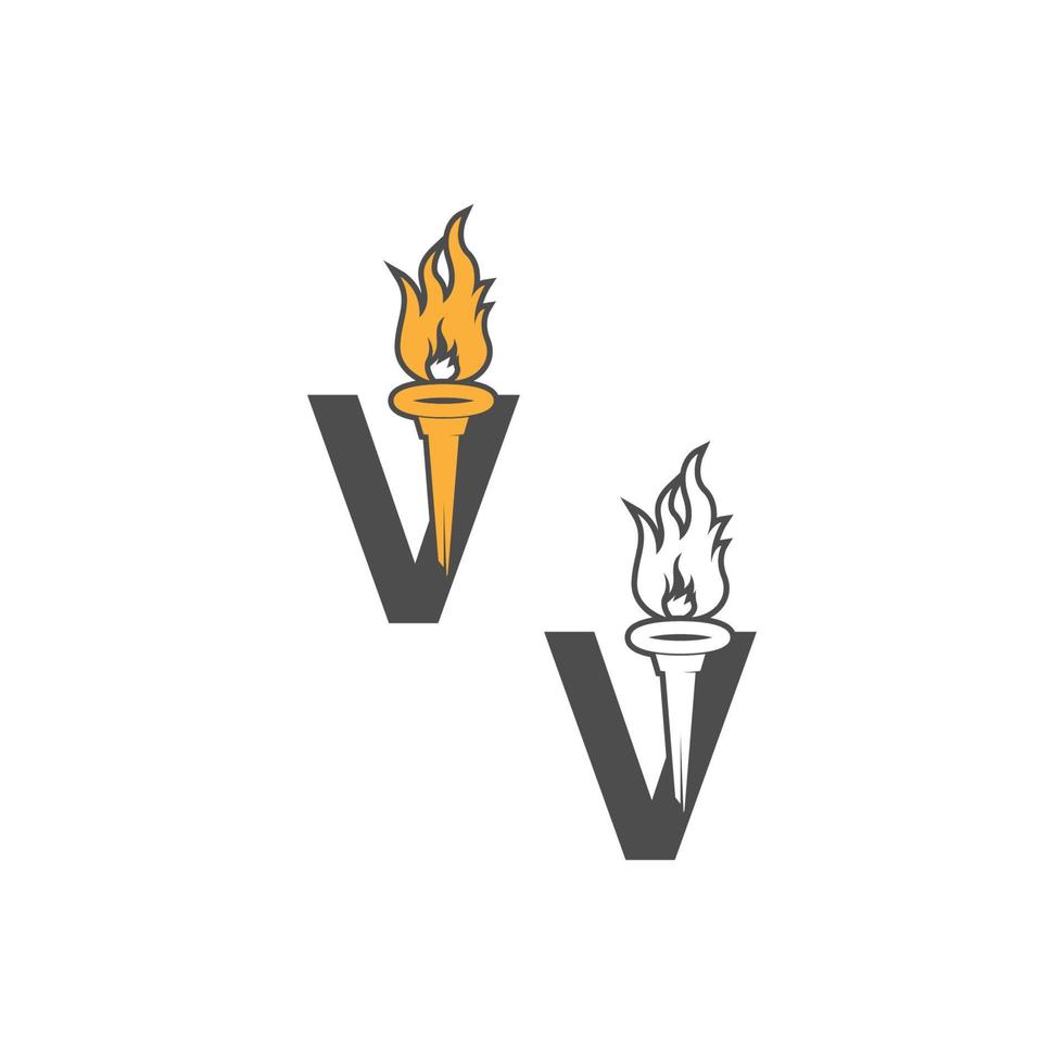 logo de l'icône de la lettre v combiné à la conception de l'icône de la torche vecteur