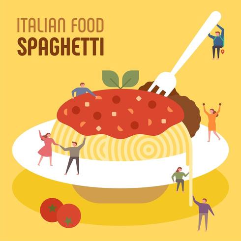 Les petites personnes mangent d&#39;énormes spaghettis italiens. vecteur