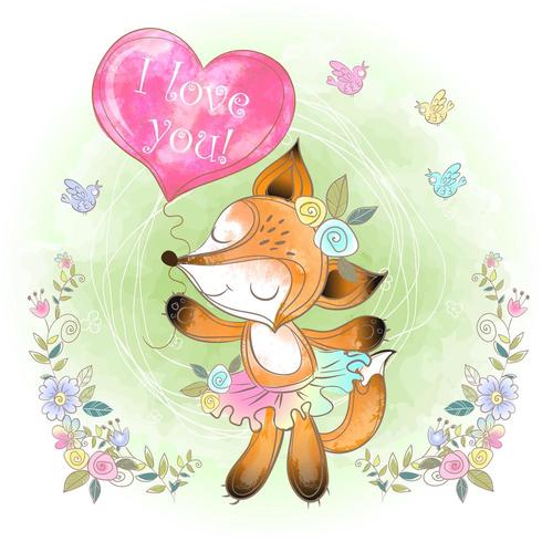 Cute Fox avec un ballon en forme de coeur. Je t&#39;aime. vecteur