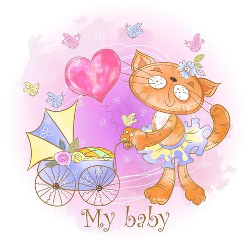 Chatte maman avec un bébé dans une poussette. Mon bébé. Douche de bébé. Aquarelle vecteur