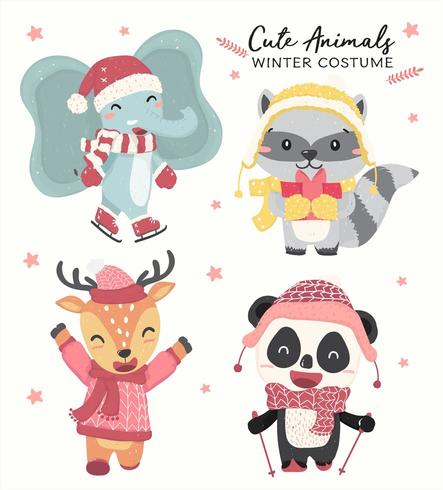 Animaux sauvages mignons joyeux pastel en vecteur de costume plat thème hiver collection thème