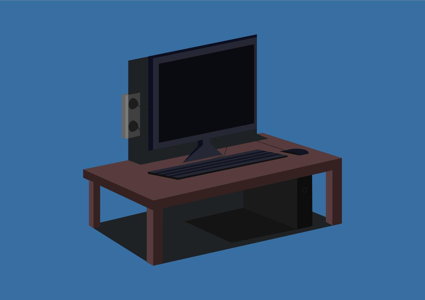 vecteur isométrique d'un ensemble complet pc 1 avec table, moniteur, prise et clavier souris