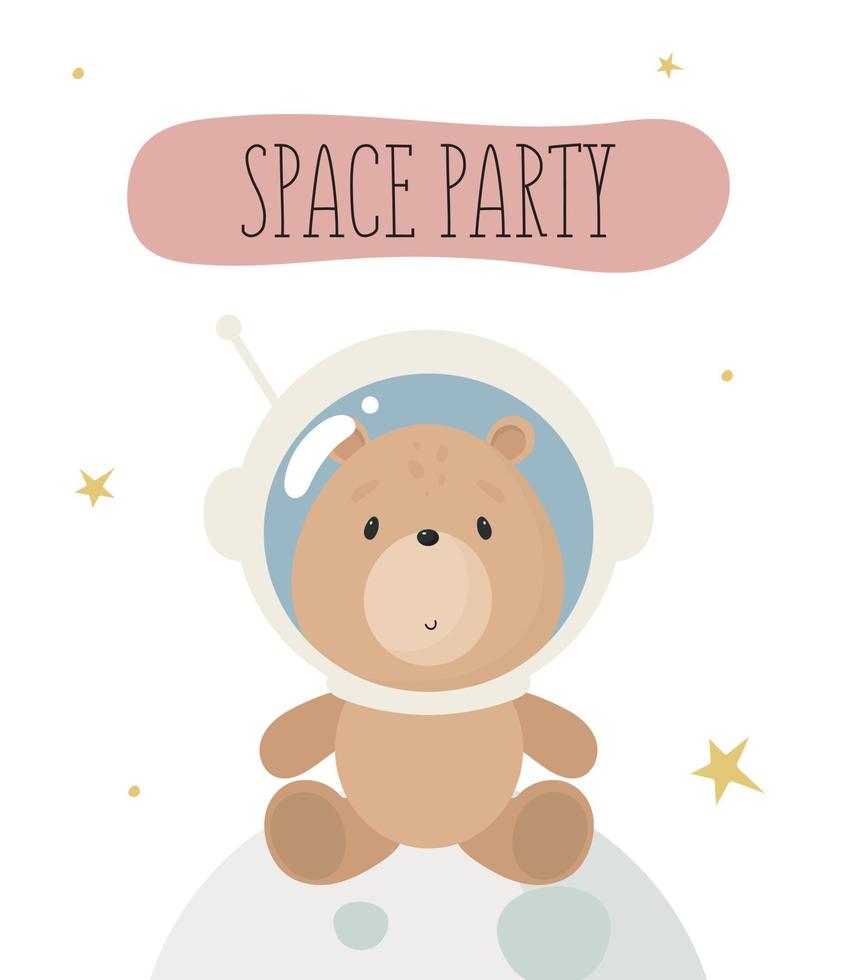 fête d'anniversaire, carte de voeux, invitation à une fête. illustration d'enfants avec un ours mignon dans l'espace. illustration vectorielle en style cartoon. vecteur