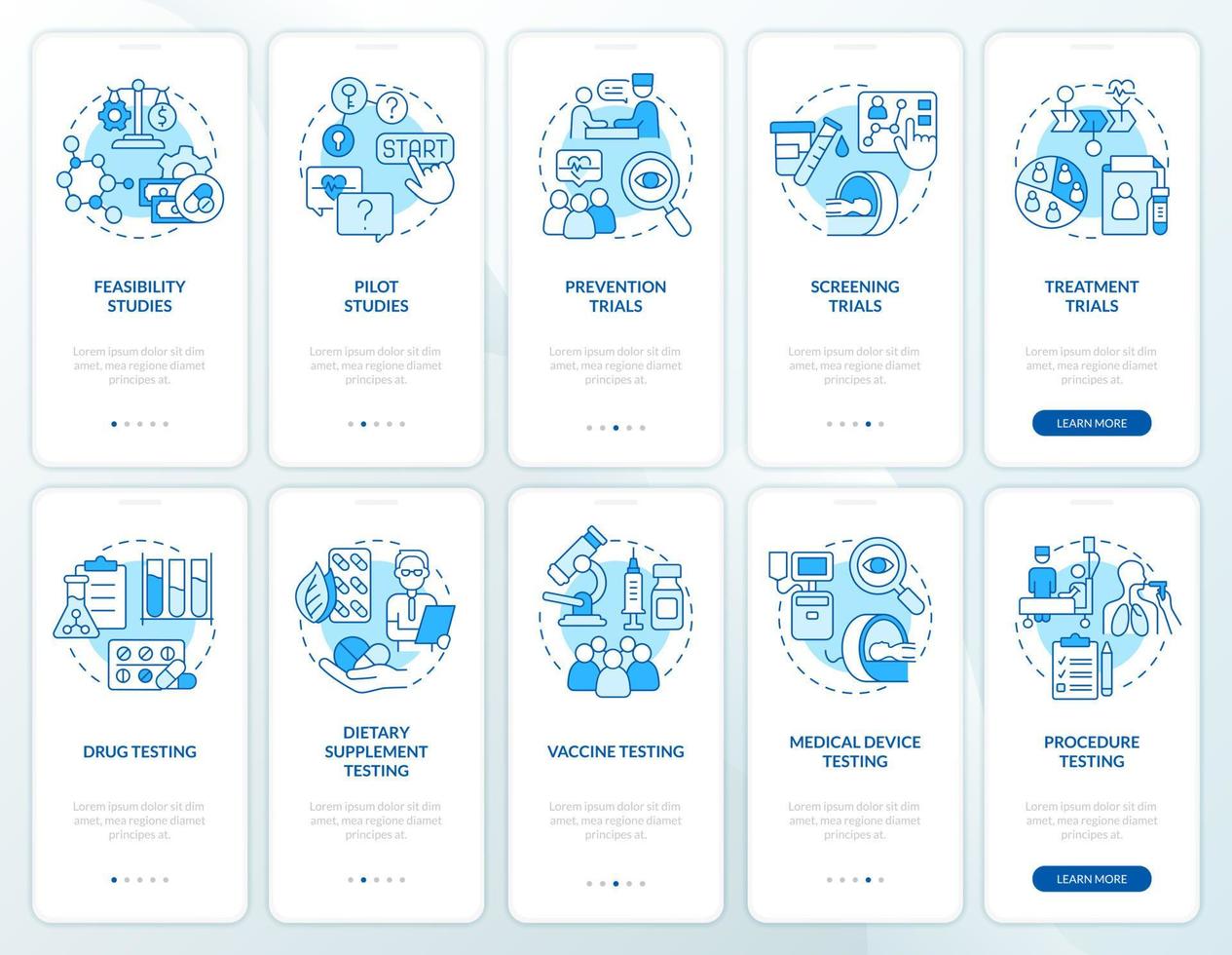 ensemble d'écrans d'application mobile d'intégration bleu d'essais cliniques. médecine pas à pas 5 étapes pages d'instructions graphiques avec des concepts linéaires. ui, ux, modèle d'interface graphique. une myriade de polices pro-gras régulières utilisées vecteur