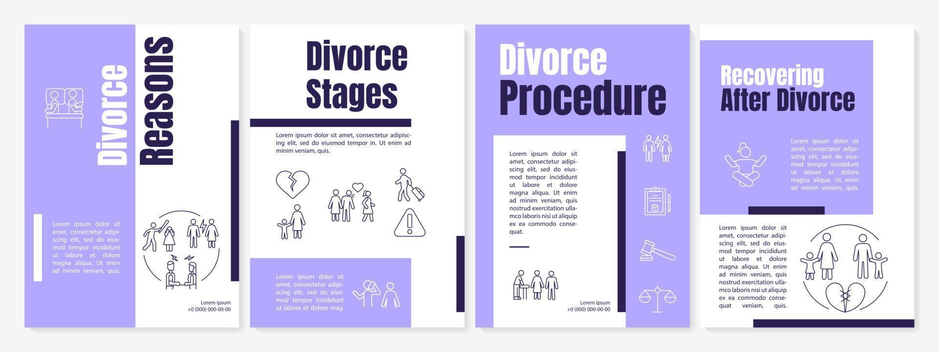 modèle de brochure pourpre de psychologie de séparation. fin du mariage. conception d'impression de livret avec des icônes linéaires. mises en page vectorielles pour la présentation, les rapports annuels, les publicités. polices anton-regular, lato-regular utilisées vecteur