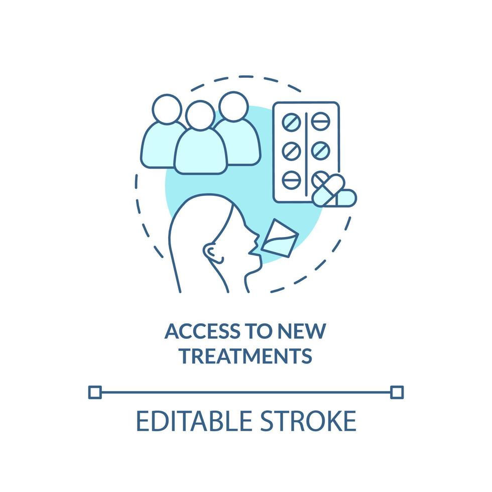 accès à l'icône de concept turquoise de nouveaux traitements. avantage des essais cliniques illustration de la ligne mince de l'idée abstraite. dessin de contour isolé. trait modifiable. arial, myriade de polices pro-gras utilisées vecteur