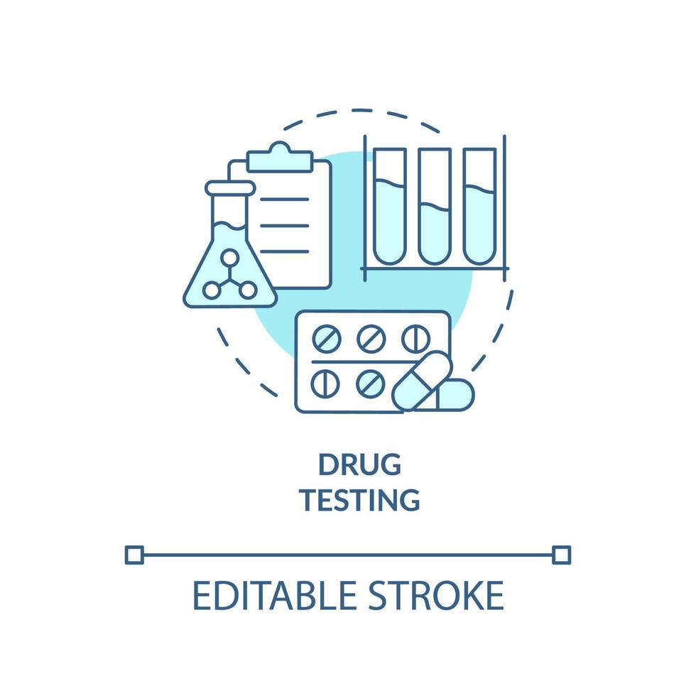 icône de concept turquoise de test de drogue. recherche en pharmacie. choses à tester idée abstraite illustration en ligne mince. dessin de contour isolé. trait modifiable. arial, myriade de polices pro-gras utilisées vecteur