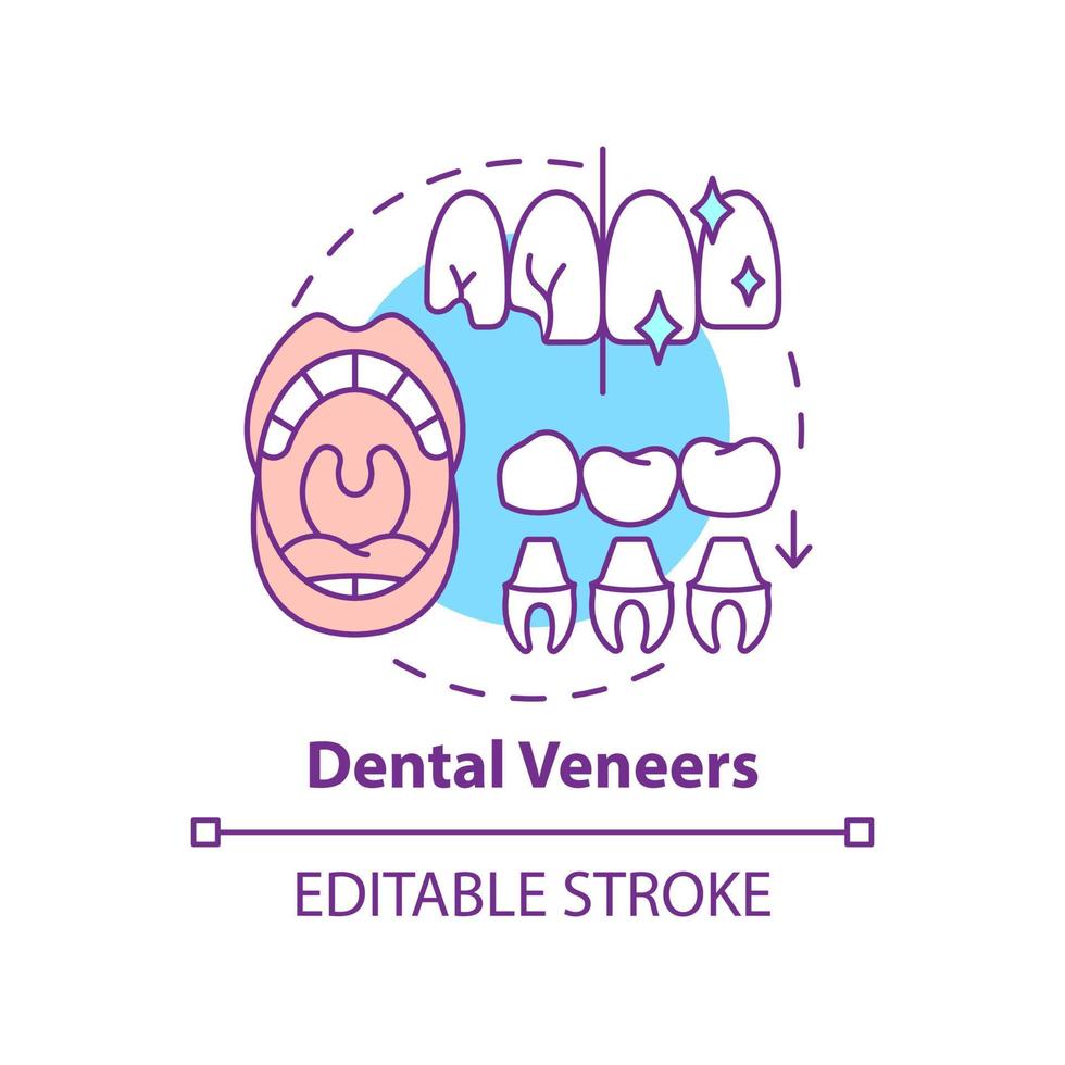 icône de concept de facettes dentaires. illustration de fine ligne d'idée abstraite de type de dentisterie esthétique. améliorer l'apparence des dents. dessin de contour isolé. trait modifiable. arial, myriade de polices pro-gras utilisées vecteur