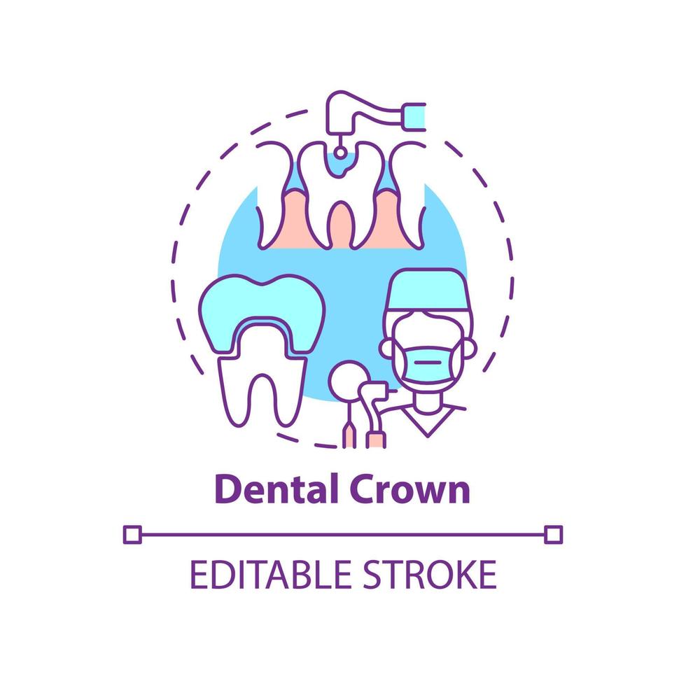 icône de concept de couronne dentaire. illustration de fine ligne d'idée abstraite de type de dentisterie cosmétique. restauration dentaire à long terme. dessin de contour isolé. trait modifiable. arial, myriade de polices pro-gras utilisées vecteur