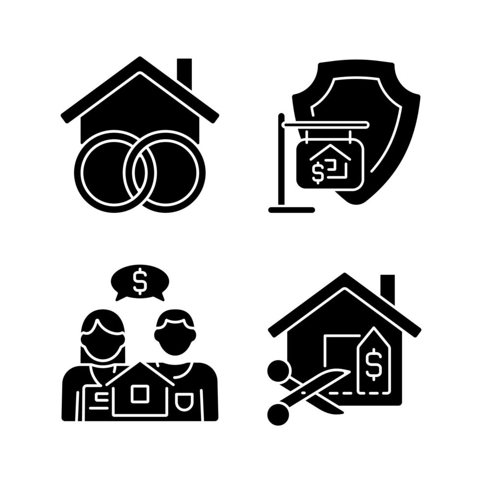 achat de propriété caractéristiques légales icônes de glyphe noir définies sur l'espace blanc. immobilier communautaire. négociation du prix de la maison. symboles de silhouettes. pack de pictogrammes solides. illustration vectorielle isolée vecteur