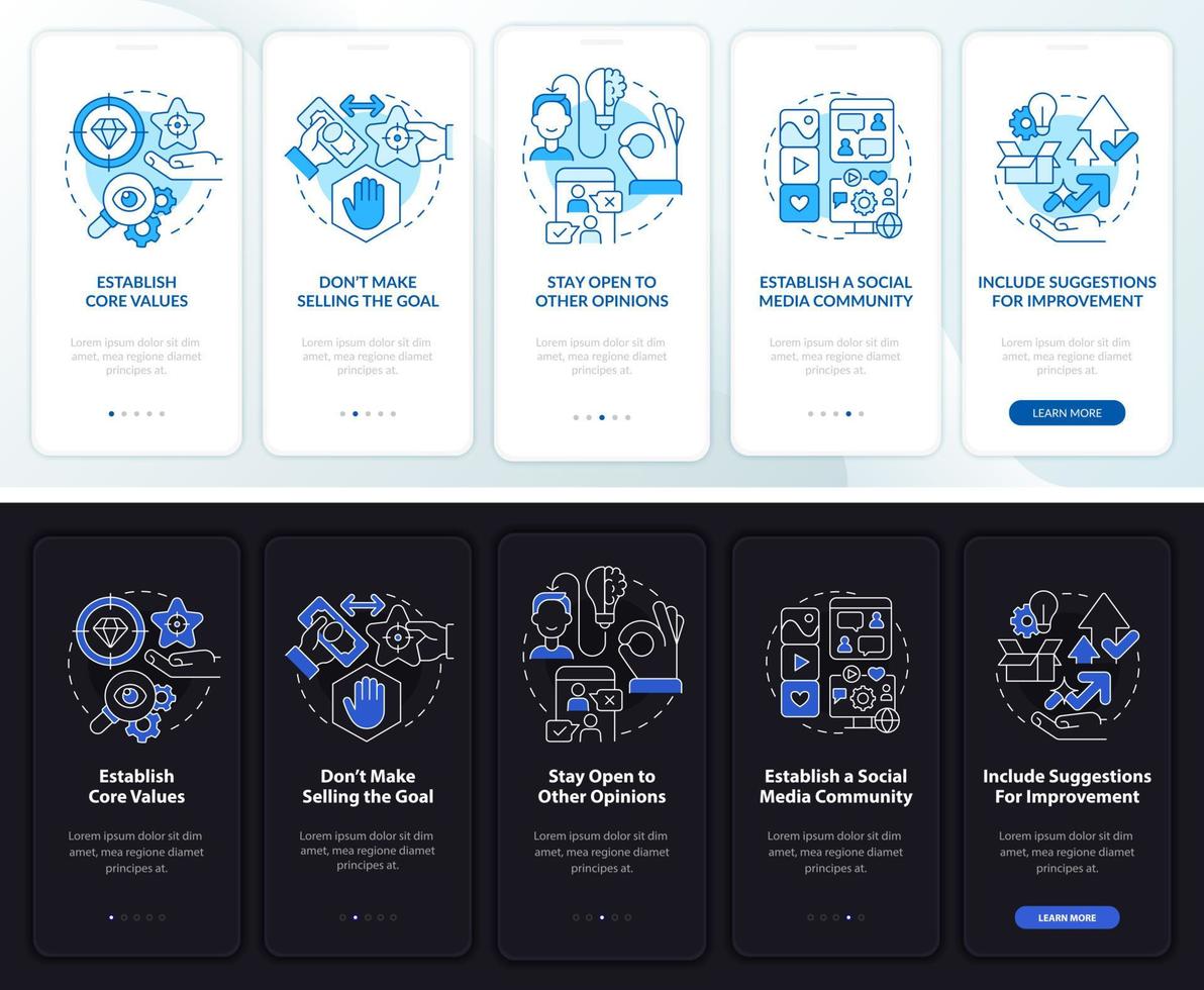 établir la transparence de l'écran de l'application mobile d'intégration en mode nuit et jour. pas à pas en 5 étapes pages d'instructions graphiques avec des concepts linéaires. ui, ux, modèle d'interface graphique. une myriade de polices pro-gras régulières utilisées vecteur