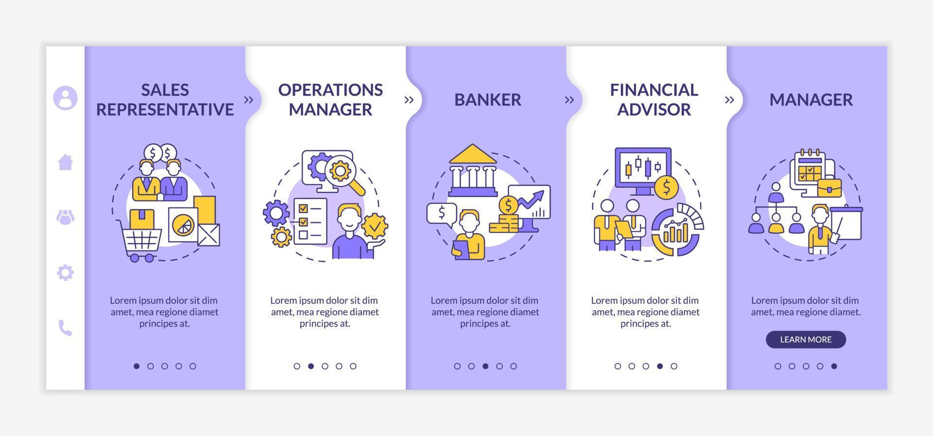 modèle d'intégration violet et blanc de carrières en gestion d'entreprise. site Web mobile réactif avec des icônes de concept linéaires. page Web pas à pas en 5 étapes. lato-gras, polices régulières utilisées vecteur