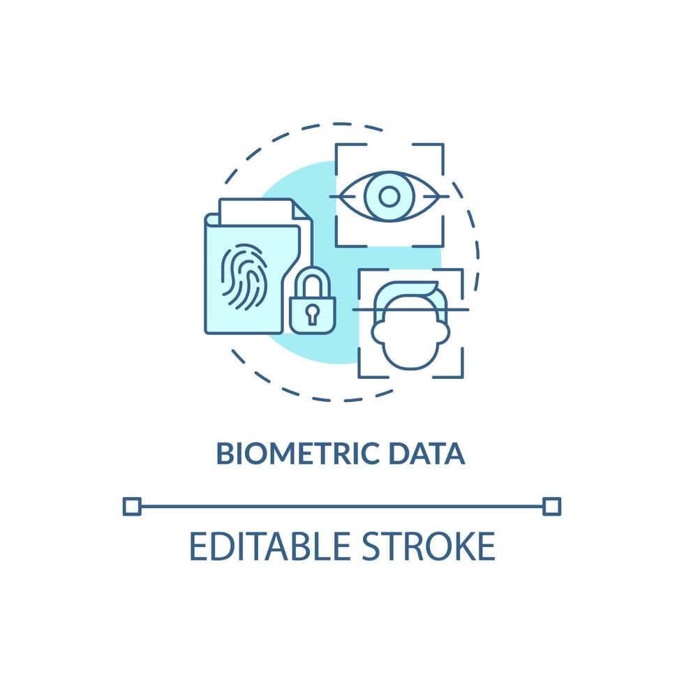 icône de concept turquoise de données biométriques. exemple d'informations sensibles idée abstraite illustration de ligne mince. dessin de contour isolé. trait modifiable. roboto-medium, myriade de polices pro-gras utilisées vecteur