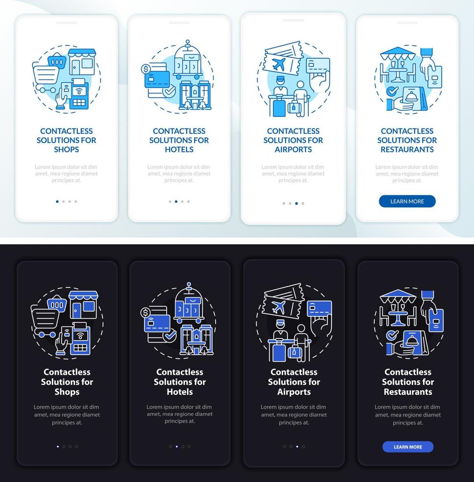 écran d'application mobile d'intégration en mode nuit et jour de la solution sans numéraire. pas à pas de service pages d'instructions graphiques en 4 étapes avec concept linéaire. ui, ux, modèle d'interface graphique. myriade de polices pro-gras régulières utilisées vecteur