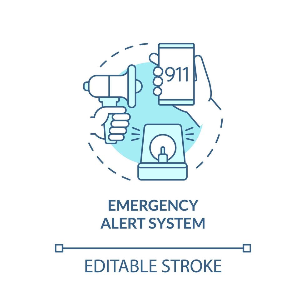 icône de concept turquoise du système d'alerte d'urgence. illustration de ligne mince d'idée abstraite d'avertissement urgent. dessin de contour isolé. trait modifiable. roboto-medium, une myriade de polices pro-gras utilisées vecteur