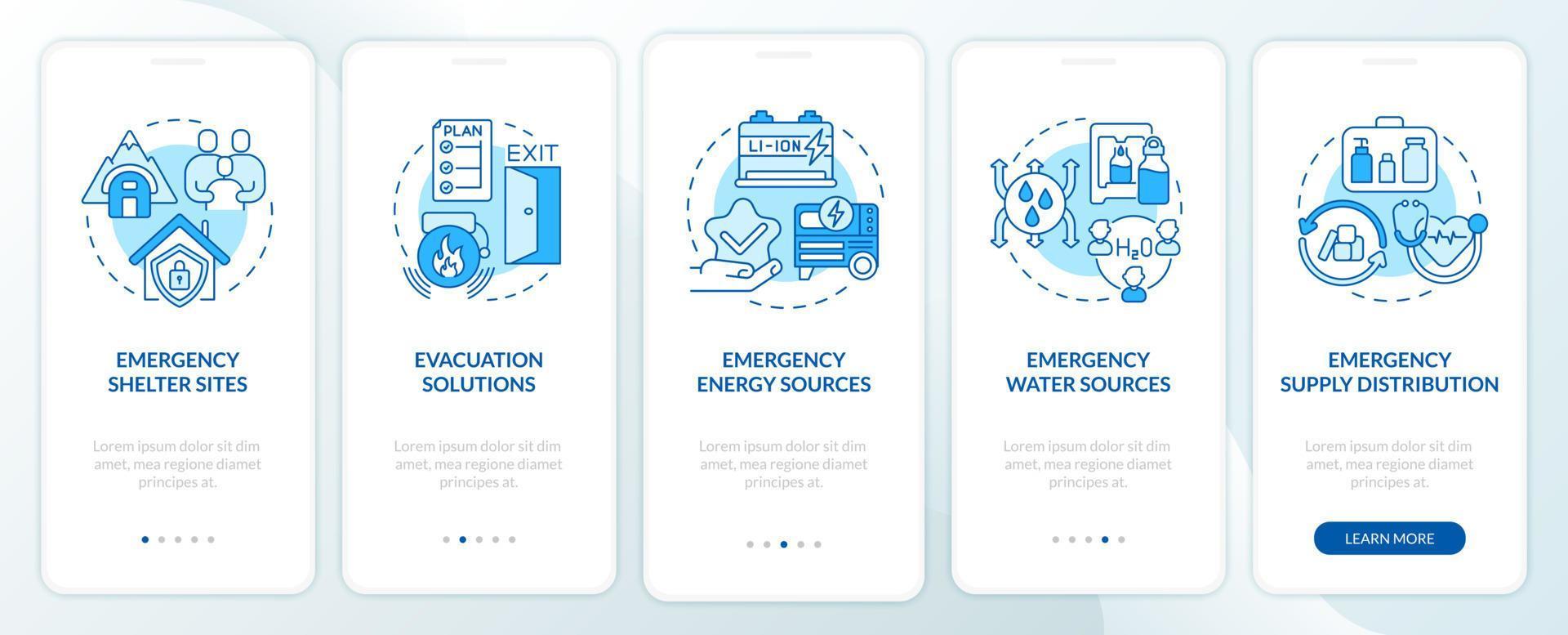 le plan d'urgence comprend un écran d'application mobile d'intégration bleu. fournir des pages d'instructions graphiques en 5 étapes avec des concepts linéaires. ui, ux, modèle d'interface graphique. myriade de polices pro-gras régulières utilisées vecteur