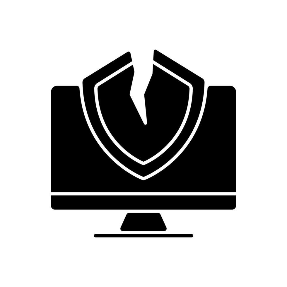 icône de glyphe noir de vulnérabilité de cybersécurité. faiblesse et défaut du système. le cybercriminel y accède. exploitation des erreurs. symbole de la silhouette sur l'espace blanc. illustration vectorielle isolée vecteur