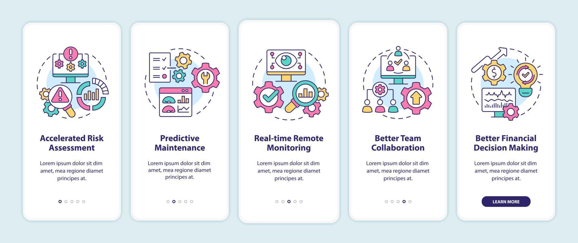 écran d'application mobile d'intégration des avantages du jumeau numérique. procédure d'évaluation des risques pages d'instructions graphiques en 5 étapes avec des concepts linéaires. ui, ux, modèle d'interface graphique. myriade de polices pro-gras régulières utilisées vecteur