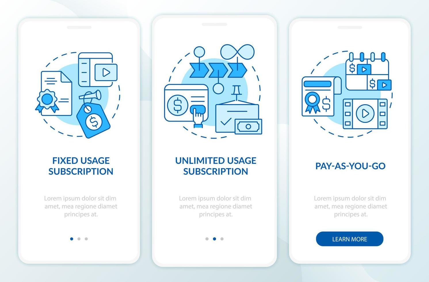 types d'écran d'application mobile d'intégration bleu d'abonnement. payer pour le contenu pas à pas 3 étapes pages d'instructions graphiques avec des concepts linéaires. ui, ux, modèle d'interface graphique. myriade de polices pro-gras régulières utilisées vecteur