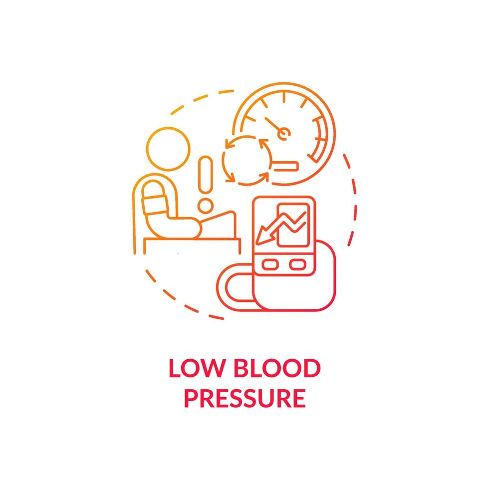 icône de concept de gradient rouge de faible pression artérielle. maladies cardiaques. illustration de ligne mince d'idée abstraite de maladie cardiovasculaire. dessin de contour isolé. roboto-medium, une myriade de polices pro-gras utilisées vecteur