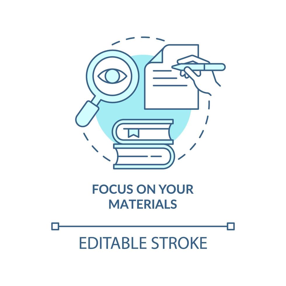 concentrez-vous sur votre icône de concept turquoise de matériaux. préparez-vous à éviter l'anxiété idée abstraite illustration en ligne mince. dessin de contour isolé. trait modifiable. roboto-medium, une myriade de polices pro-gras utilisées vecteur