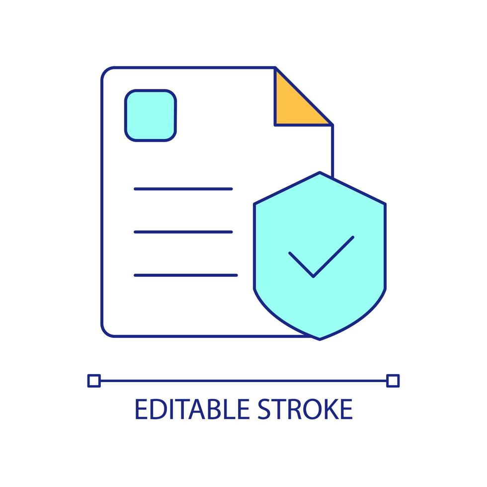 garantie d'assurance icône de couleur rvb. contrat de couverture. paperasse pour transaction commerciale, demande de garantie. illustration vectorielle isolée. dessin au trait rempli simple. trait modifiable. police arial utilisée vecteur