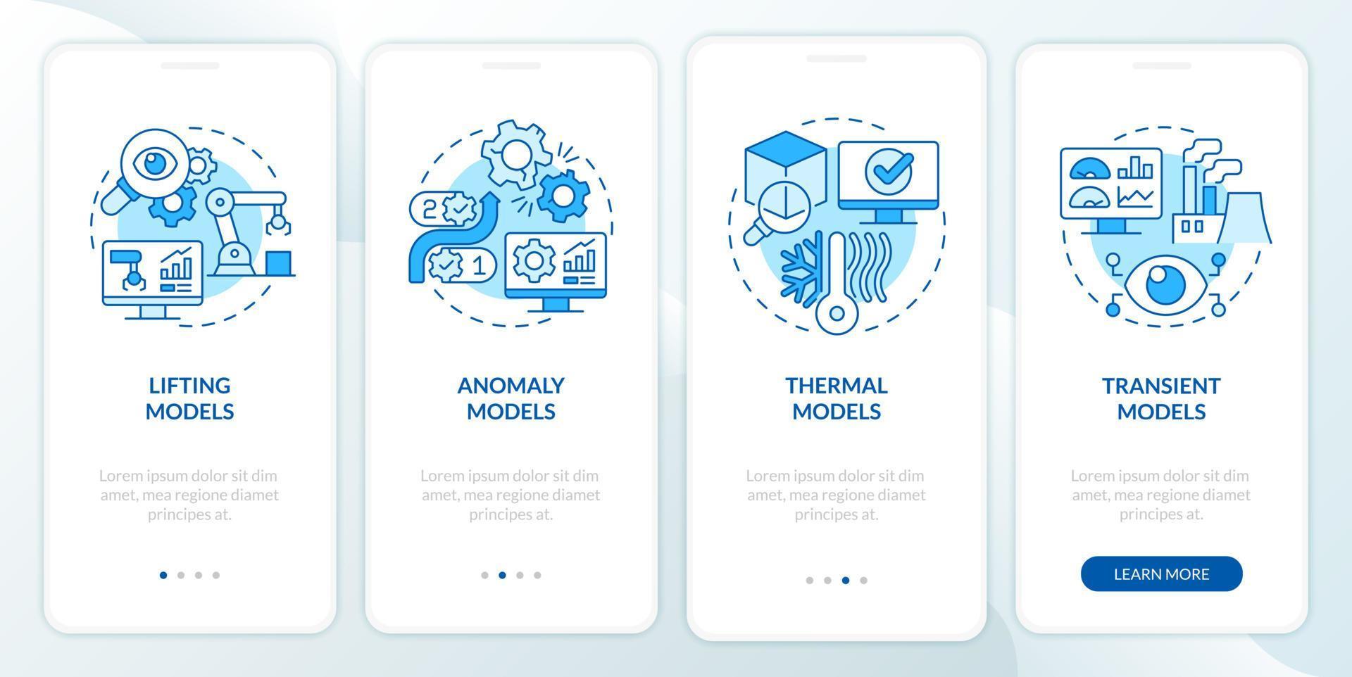 écran d'application mobile d'intégration bleu des modèles jumeaux numériques. modélisation des pages d'instructions graphiques en 4 étapes avec des concepts linéaires. ui, ux, modèle d'interface graphique. myriade de polices pro-gras régulières utilisées vecteur