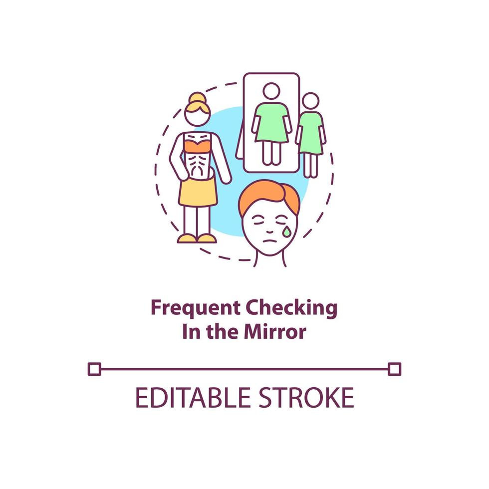 vérification fréquente de l'icône de concept de miroir. illustration de la ligne mince de l'idée abstraite du trouble dysmorphique du corps. dessin de contour isolé. trait modifiable. roboto-medium, myriade de polices pro-gras utilisées vecteur