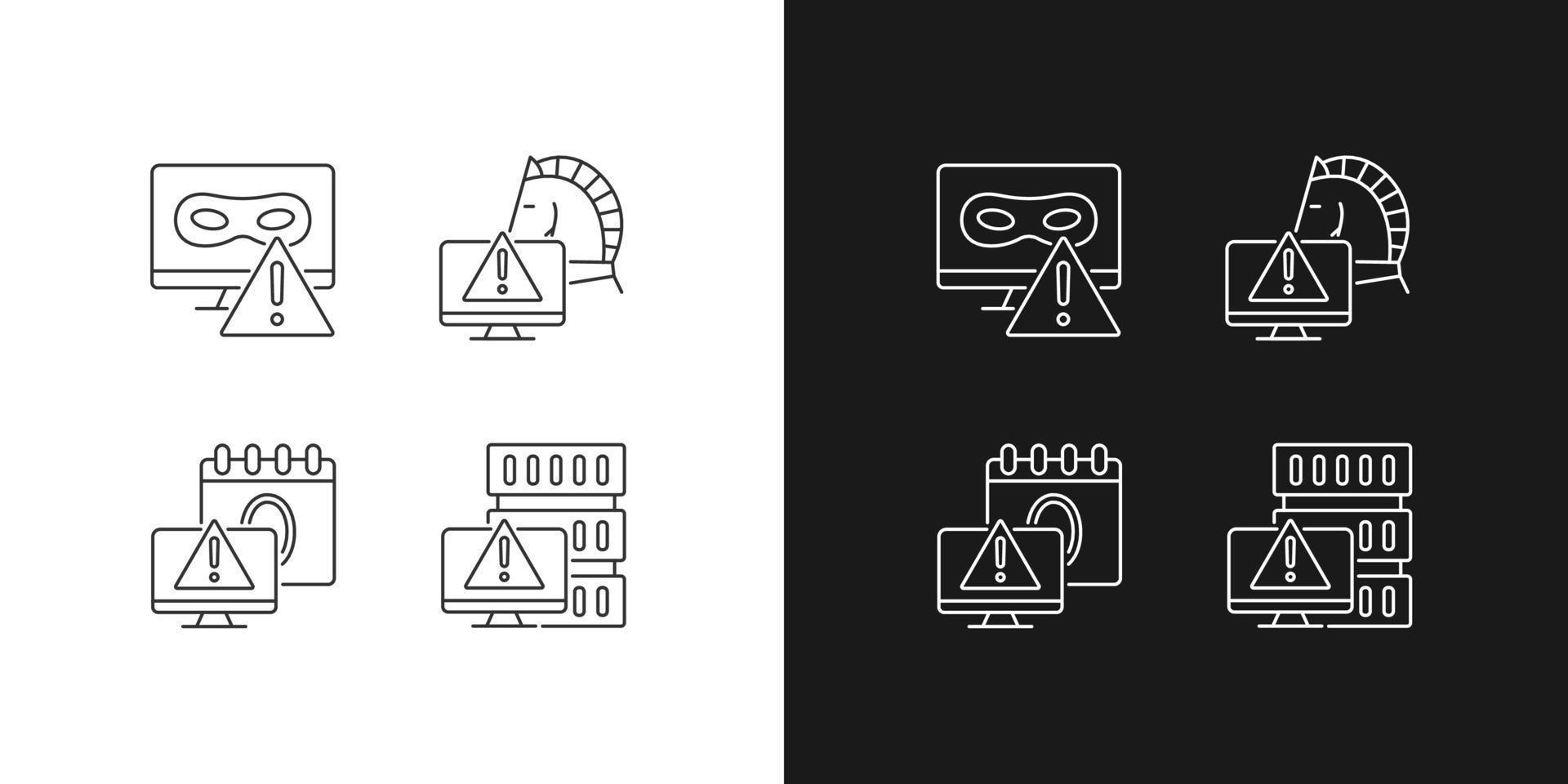 le système informatique attaque des icônes linéaires définies pour le mode sombre et clair. cheval de Troie et rootkit. perturbation informatique. symboles de lignes fines personnalisables. illustrations vectorielles isolées. trait modifiable vecteur