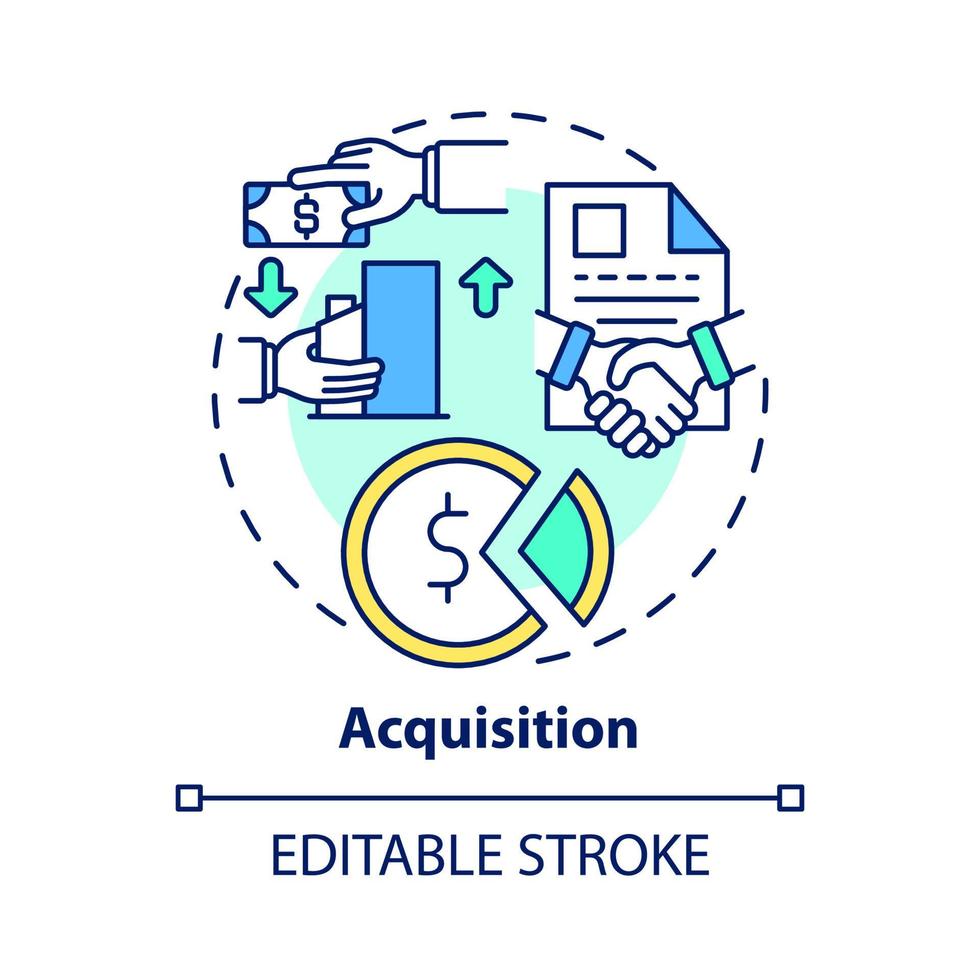 icône de concept d'acquisition. illustration de ligne mince d'idée abstraite d'expansion externe. acheter des actions et des actifs de la société. actionnaires. dessin de couleur de contour isolé de vecteur. trait modifiable vecteur
