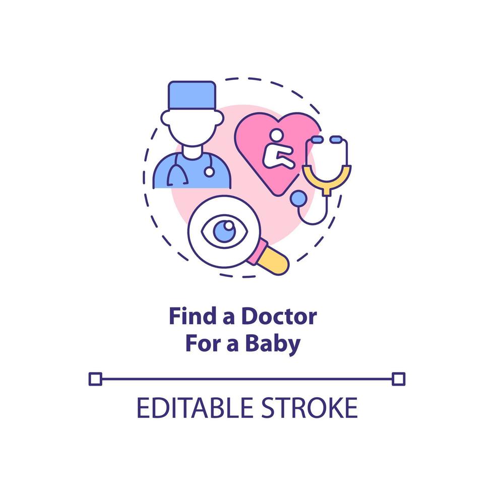 trouver un médecin pour l'icône de concept de bébé. préparation pour l'illustration de la ligne mince de l'idée abstraite de bébé. pédiatre pour nouveau-né. spécialiste en pédiatrie. dessin de couleur de contour isolé de vecteur. trait modifiable vecteur