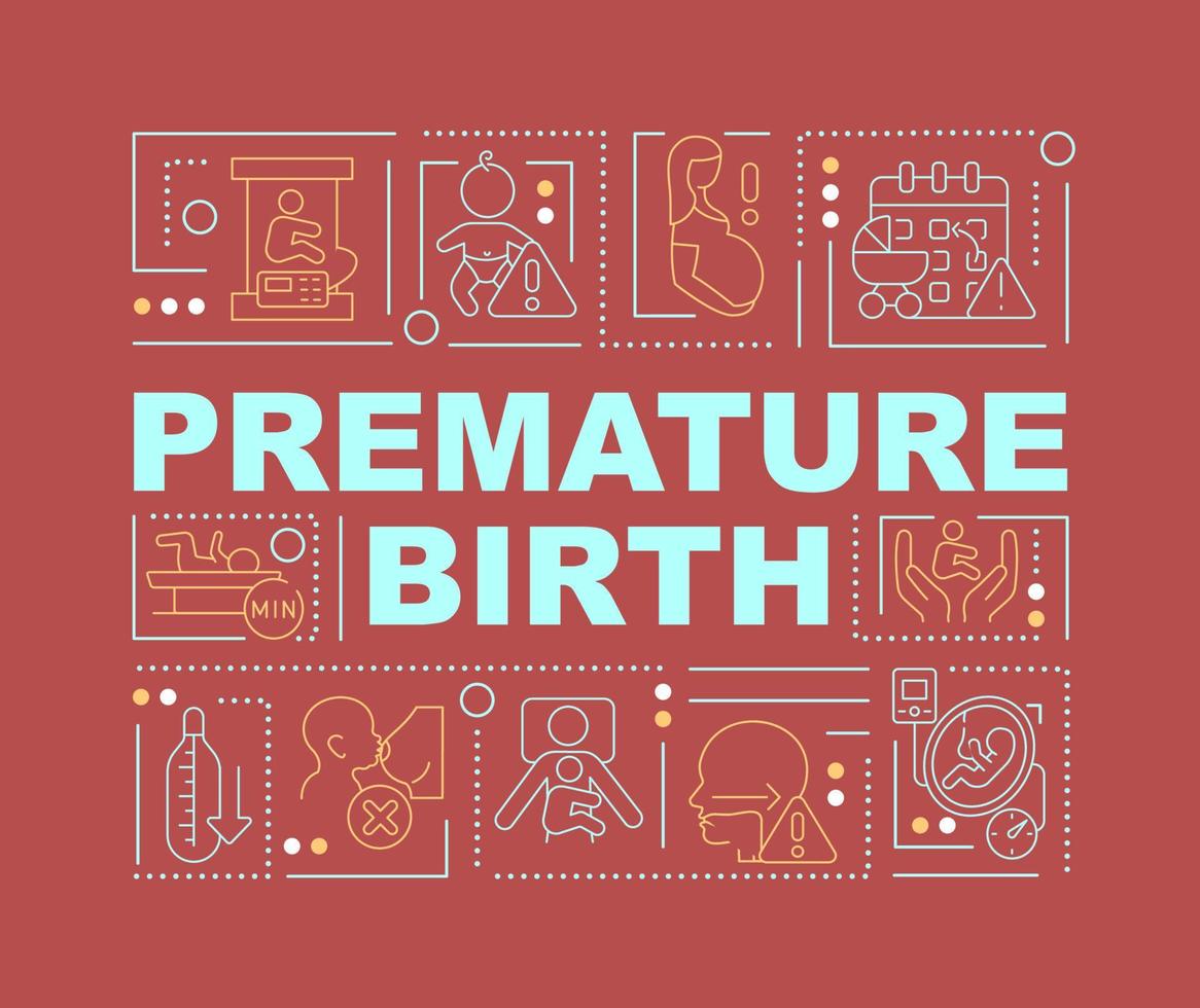 bannière de concepts de travail prématuré et de mots de naissance. risque de complications pour la santé. infographie avec des icônes linéaires sur fond rouge. typographie créative isolée. illustration de couleur de contour vectoriel avec texte