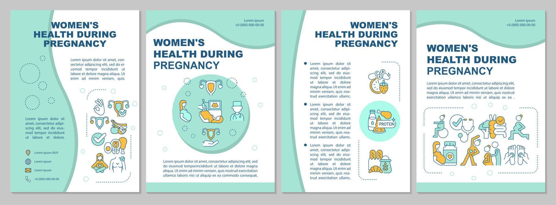 modèle de brochure sur la santé des femmes enceintes. prendre des suppléments prénataux. dépliant, livret, impression de dépliant, conception de la couverture avec des icônes linéaires. mises en page vectorielles pour la présentation, les rapports annuels, les pages publicitaires vecteur