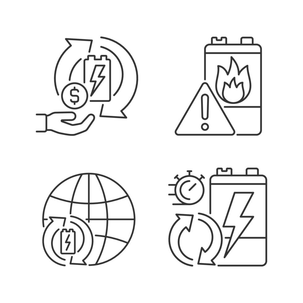 ensemble d'icônes linéaires de l'industrie mondiale de recyclage. gagner de l'argent sur les piles usagées. taux de traitement des déchets électroniques. symboles de contour de ligne fine personnalisables. illustrations vectorielles isolées. trait modifiable vecteur