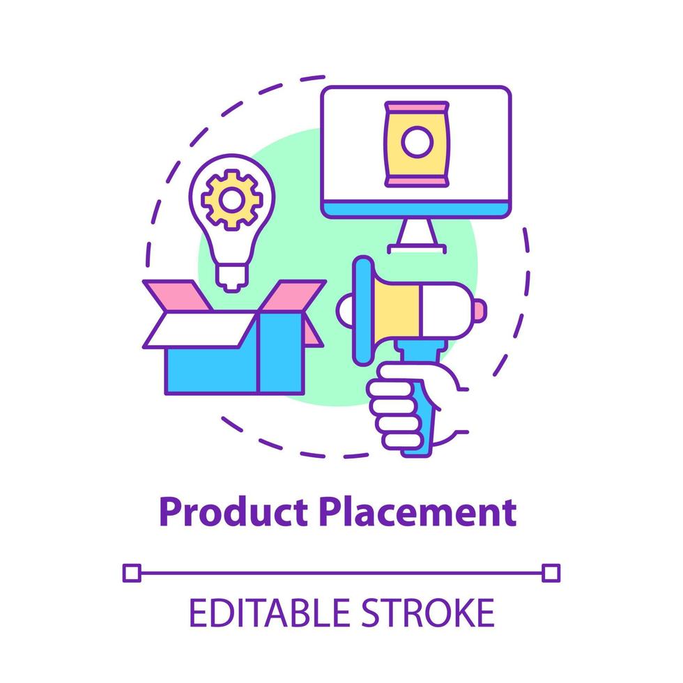 icône de concept de placement de produit. stratégie de merchandising de la marque. forme publicitaire implicite. illustration de ligne mince d'idée abstraite de marketing intégré. dessin de couleur de contour isolé de vecteur. trait modifiable vecteur