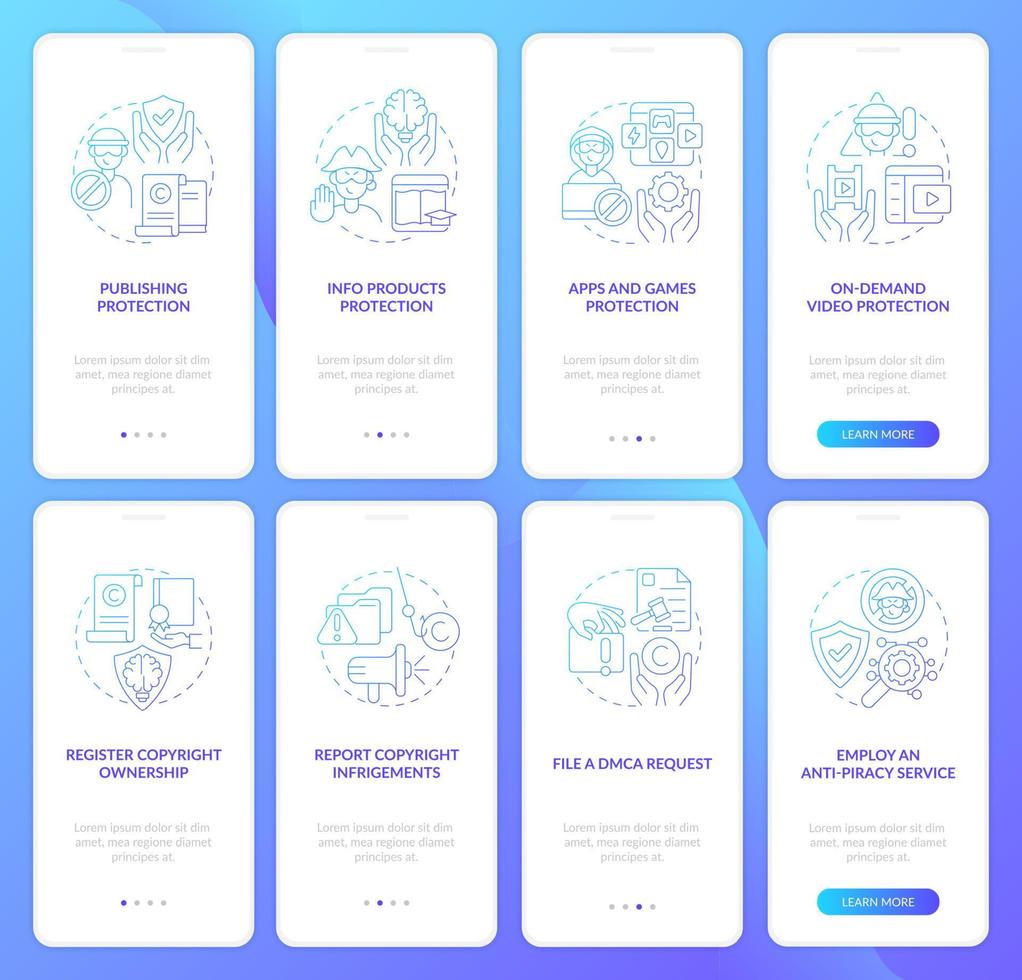 ensemble d'écrans de page d'application mobile d'intégration de la protection de la propriété intellectuelle. procédure pas à pas de propriété instructions graphiques en 4 étapes avec concepts. modèle vectoriel ui, ux, gui avec illustrations couleur linéaires