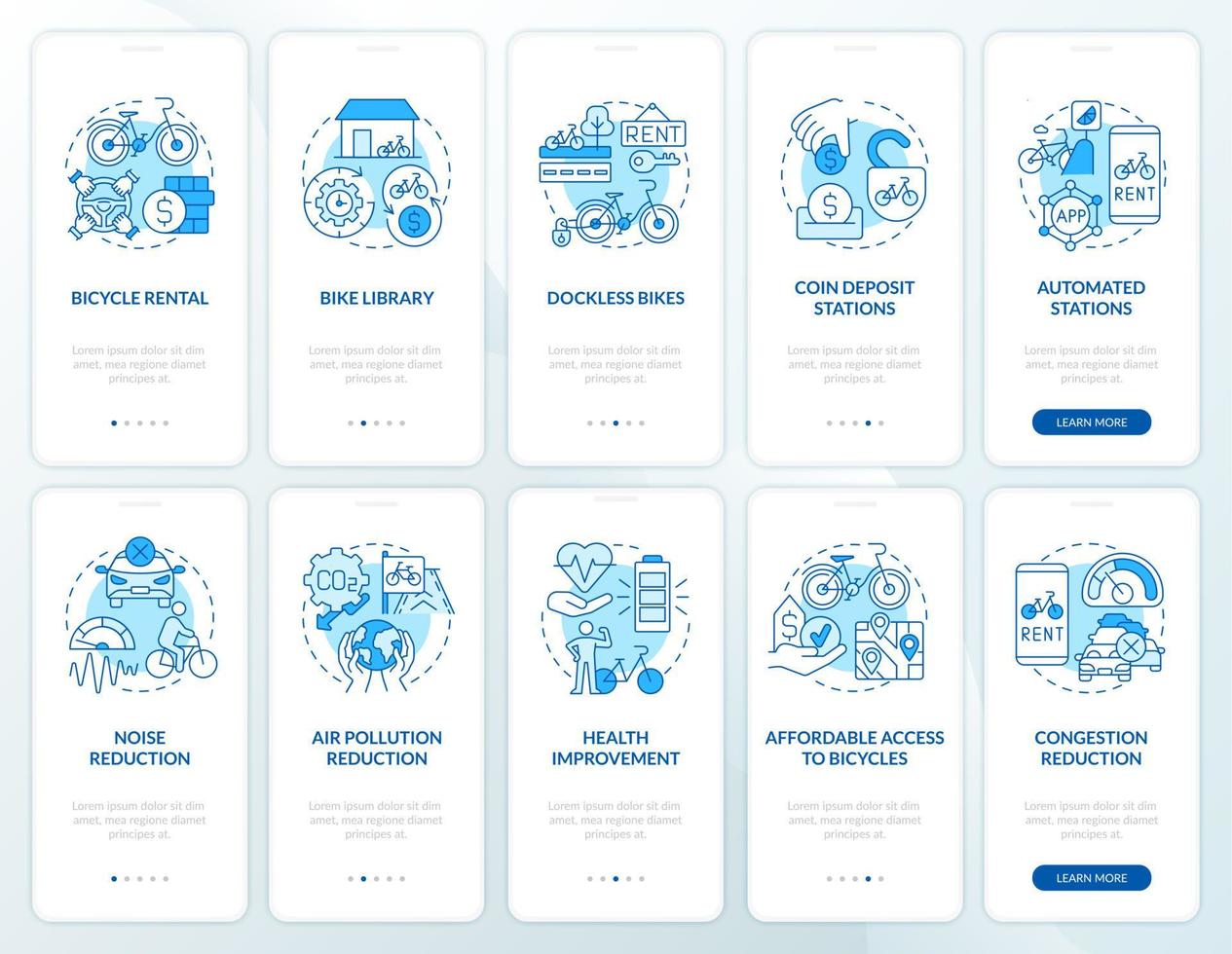 ensemble d'écrans de page d'application mobile d'intégration de partage de vélos et de scooters. Procédure pas à pas des véhicules loués Instructions graphiques en 5 étapes avec concepts. modèle vectoriel ui, ux, gui avec illustrations couleur linéaires