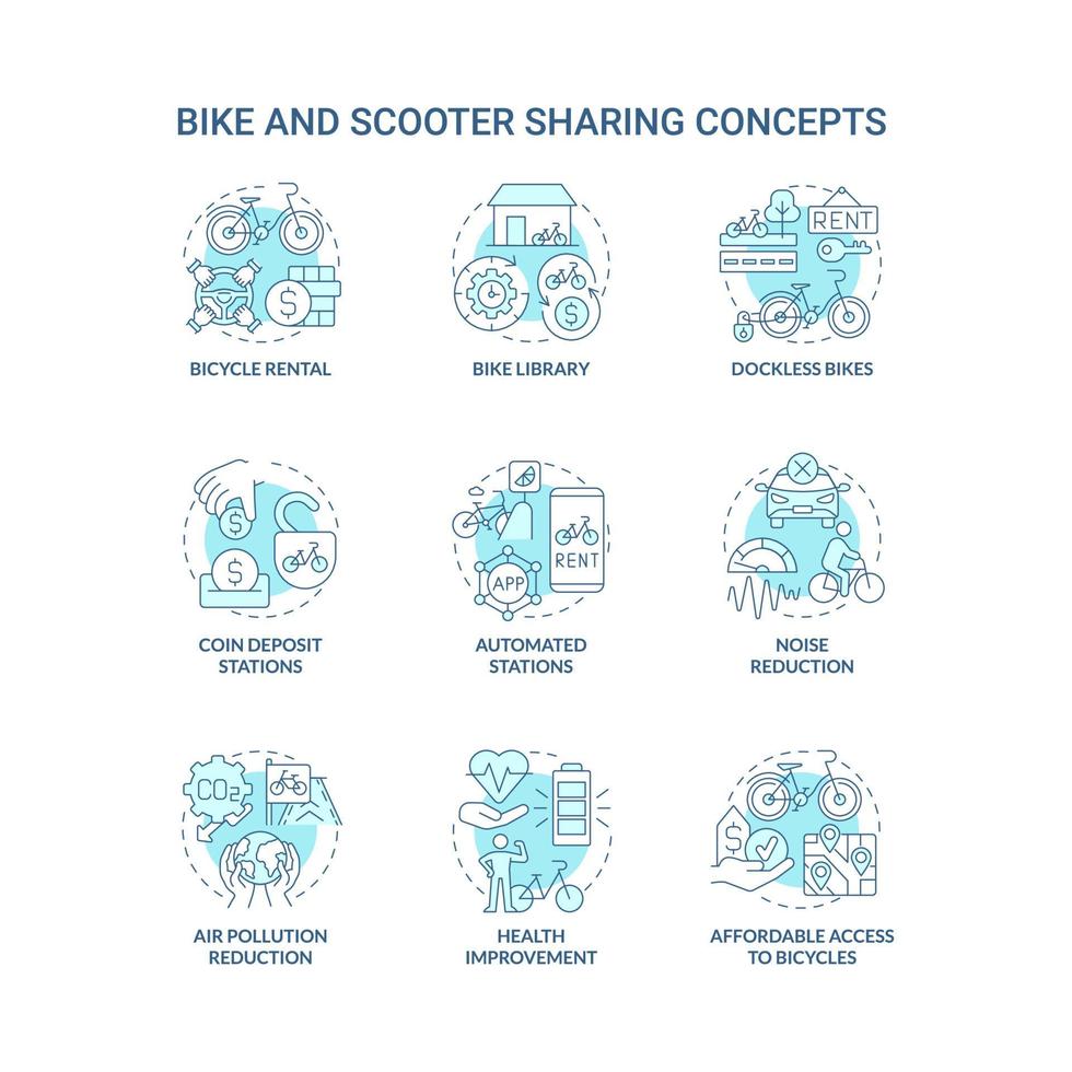 ensemble d'icônes de concept bleu de partage de vélos et de scooters. idée de transport vert illustrations en couleur de ligne mince. amélioration de la santé. stations de dépôt de pièces. dessins de contour isolés de vecteur. trait modifiable vecteur