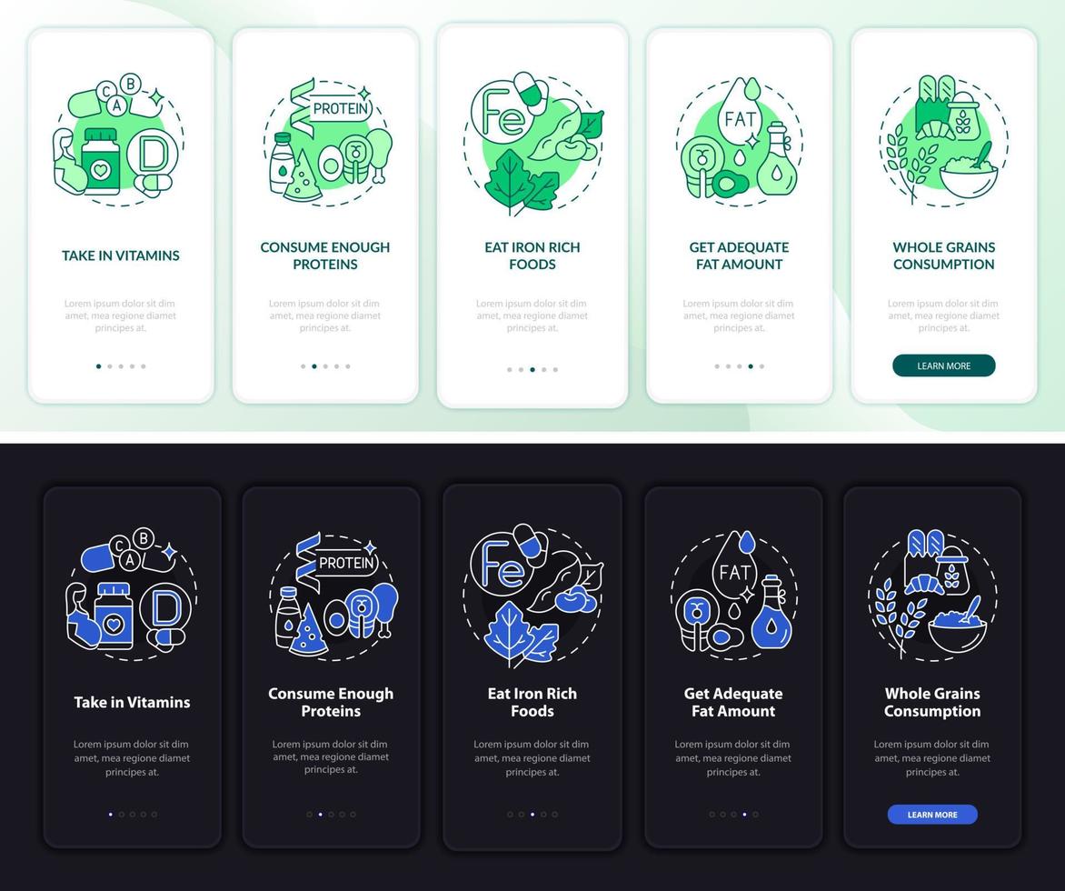 écran de la page de l'application mobile d'intégration de la grossesse en bonne santé. consommer des protéines instructions graphiques en 5 étapes avec des concepts. modèle vectoriel ui, ux, gui avec illustrations linéaires en mode nuit et jour