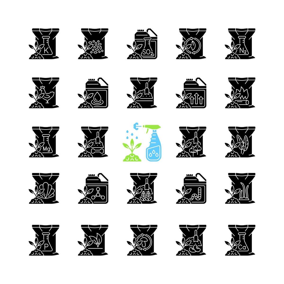 icônes de glyphe noir de type engrais définies sur un espace blanc. suppléments organiques et chimiques. additifs pour le sol et les plantes. croissance en augmentation. symboles de silhouettes. illustration vectorielle isolée vecteur