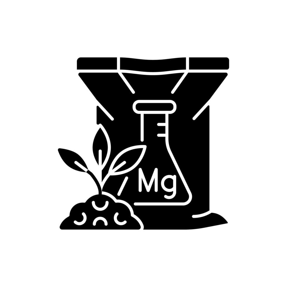 icône de glyphe noir d'engrais de magnésium. plante chimique et supplément de sol. enrichissement du sol en magnésie. minéraux et nutriments. symbole de la silhouette sur l'espace blanc. illustration vectorielle isolée vecteur