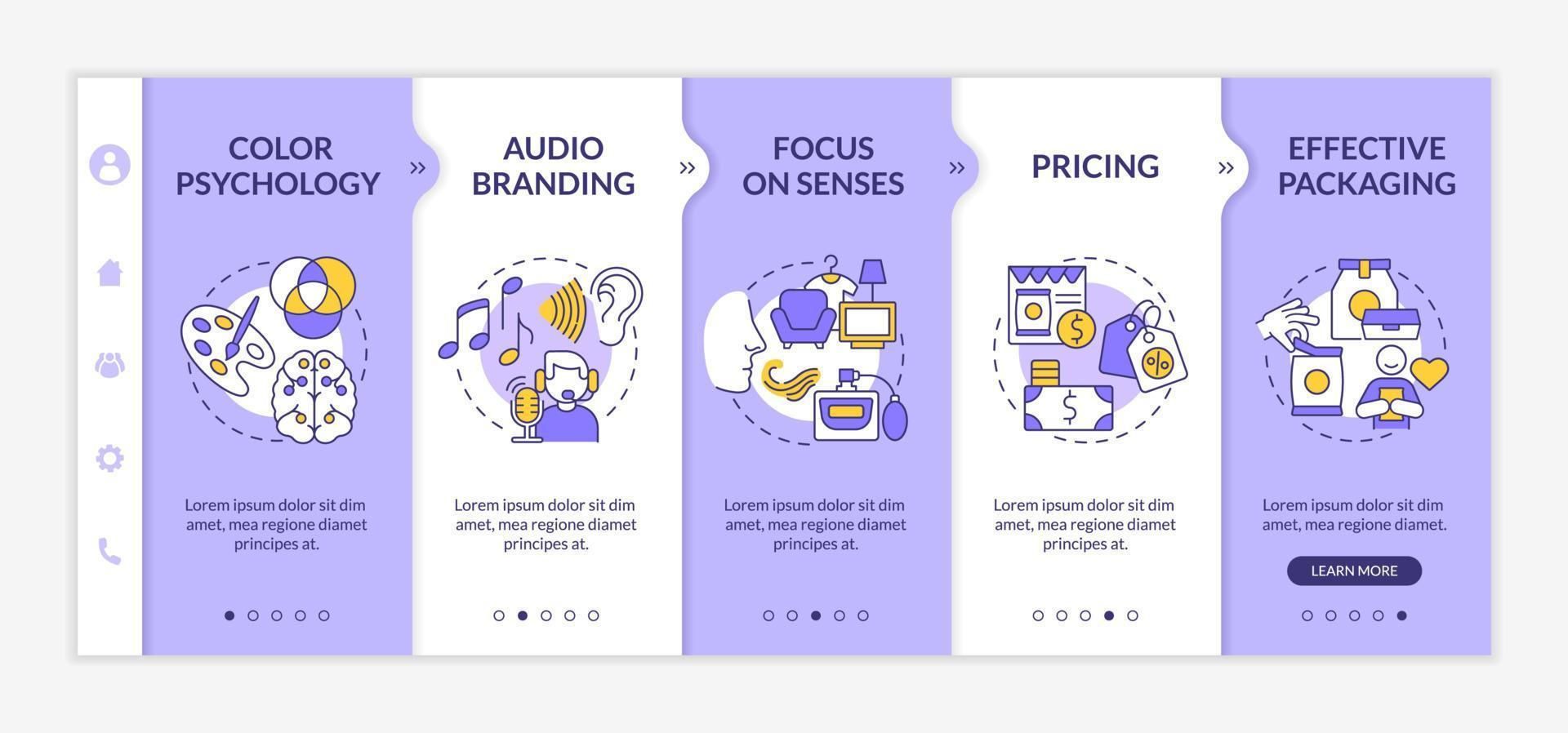 modèle de vecteur d'intégration des outils de neuromarketing. site Web mobile réactif avec icônes. page Web pas à pas en 5 étapes. se concentrant sur le concept de couleur des sens des clients avec des illustrations linéaires