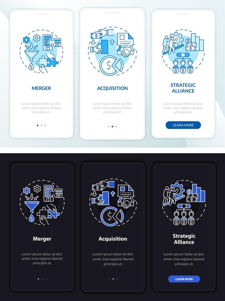 écran de page d'application mobile d'intégration sombre et clair d'expansion externe. instructions graphiques en 3 étapes avec concepts. modèle vectoriel ui, ux, gui avec illustrations linéaires en mode nuit et jour